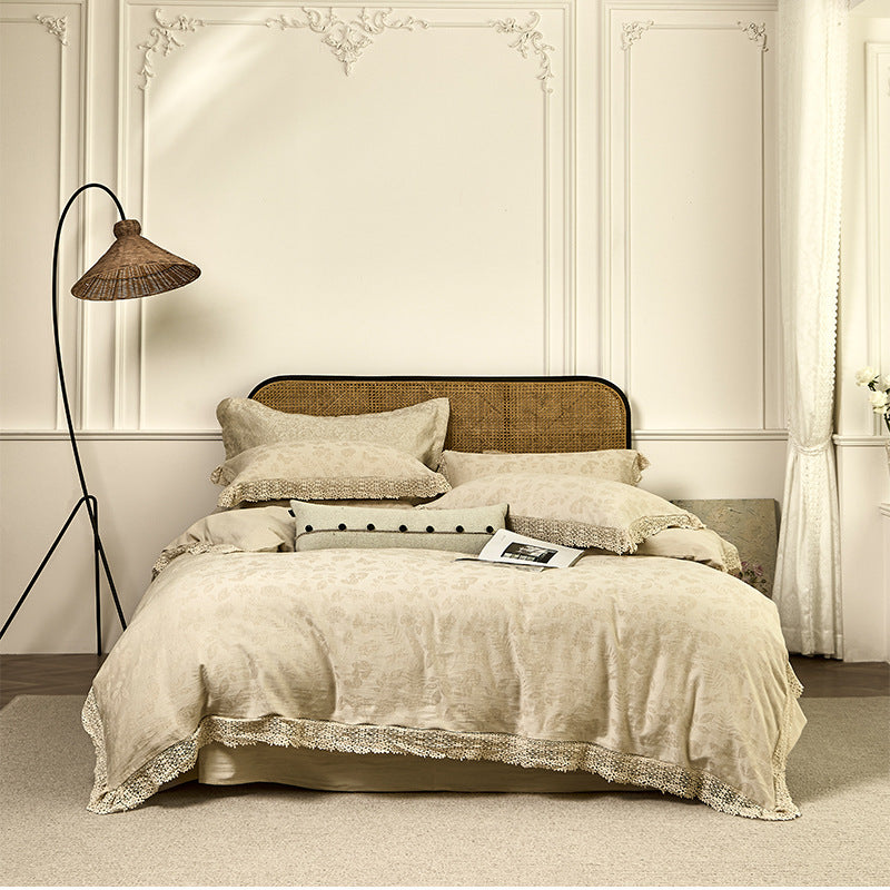 Cotton Linen Jacquard Yarn-dyed Single Double Bed Sheets Washed Four-piece Set