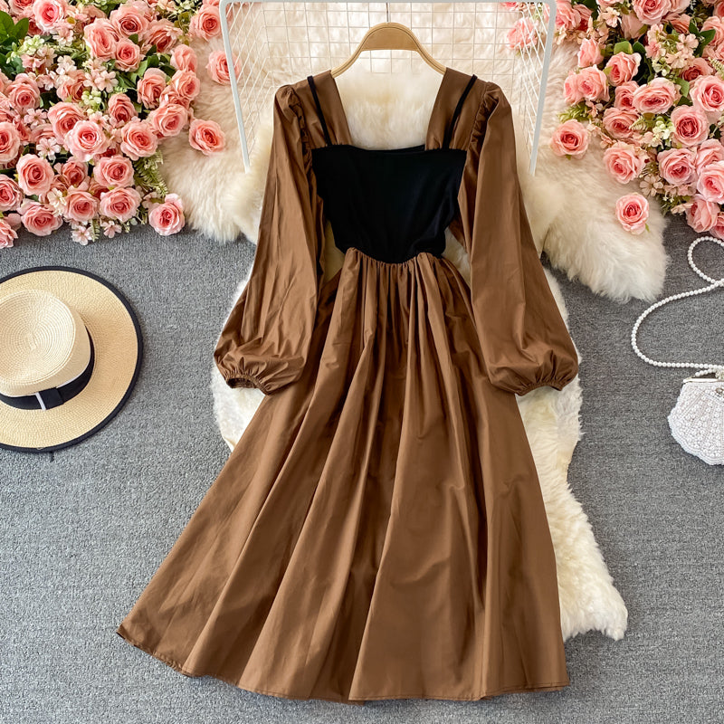 Colorblock Square Neck Puff Sleeve Midi Dress