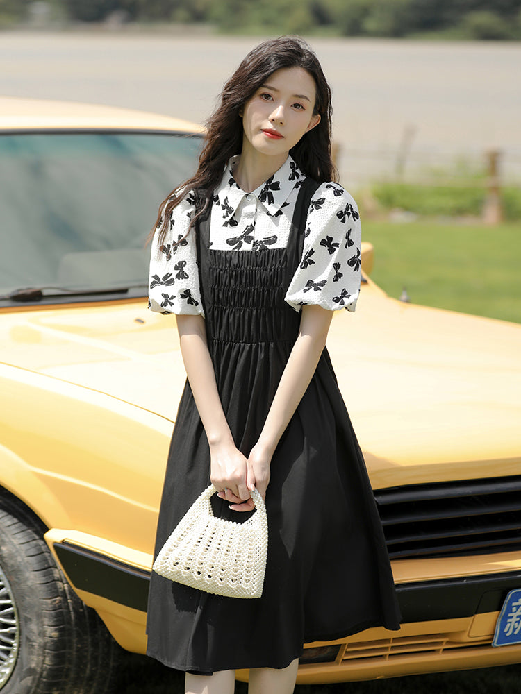 Fake Two-piece Black Puff Sleeve Little Dress Long Skirt Women