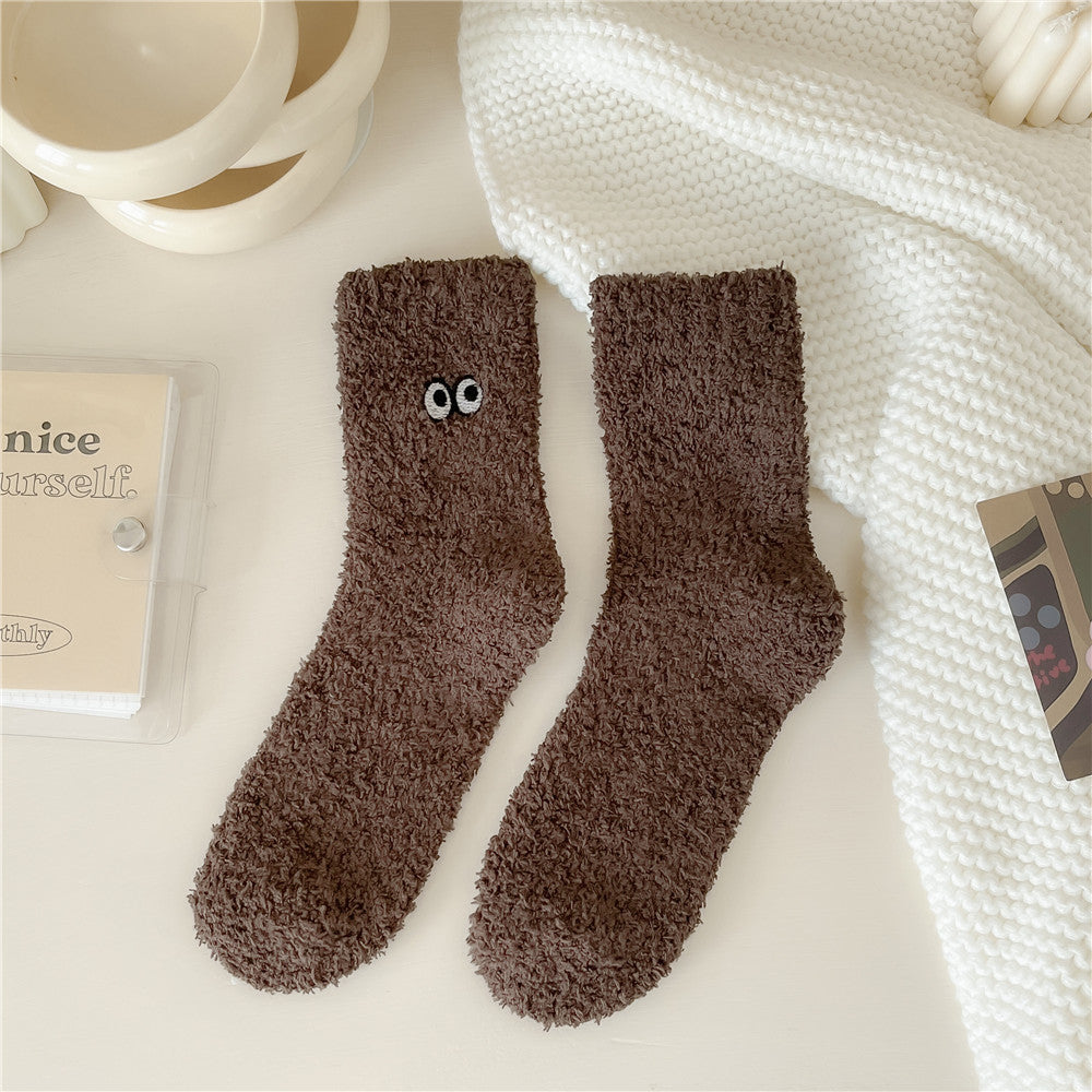 Women's Solid Color Embroidered Sleep Thickening Warm Terry Socks