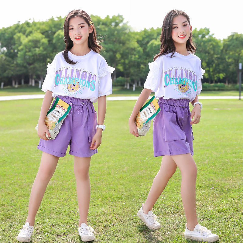 Girls Casual Fashion Short Sleeve Shorts Two Piece Set