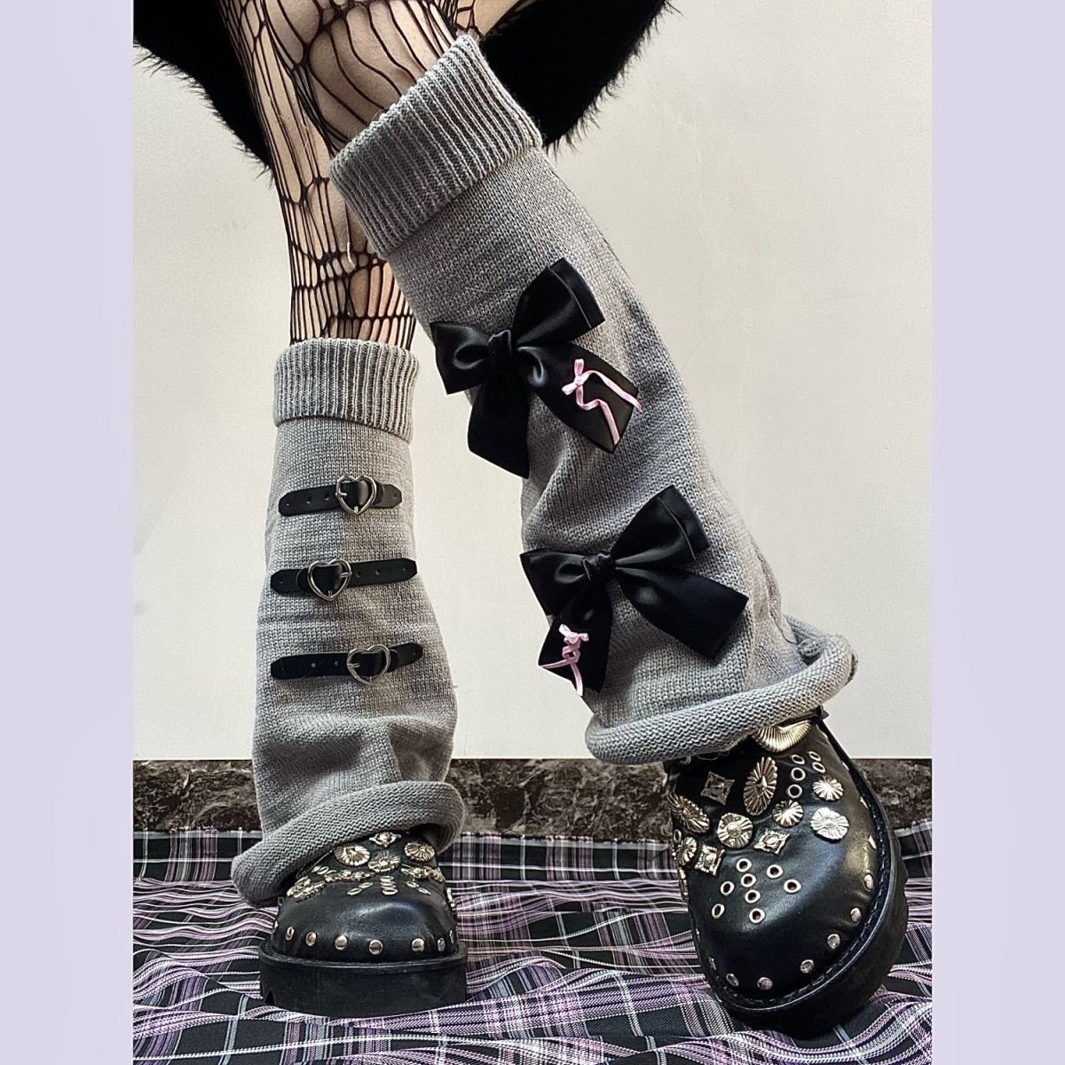 Yabi Style Culture Punk Handmade Knitted Bow Calf Socks