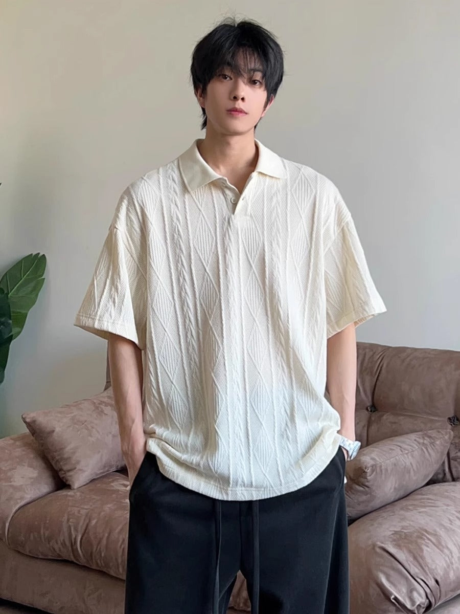 Wheat-ear Pattern Jacquard-knit Short-sleeve Polo Shirt