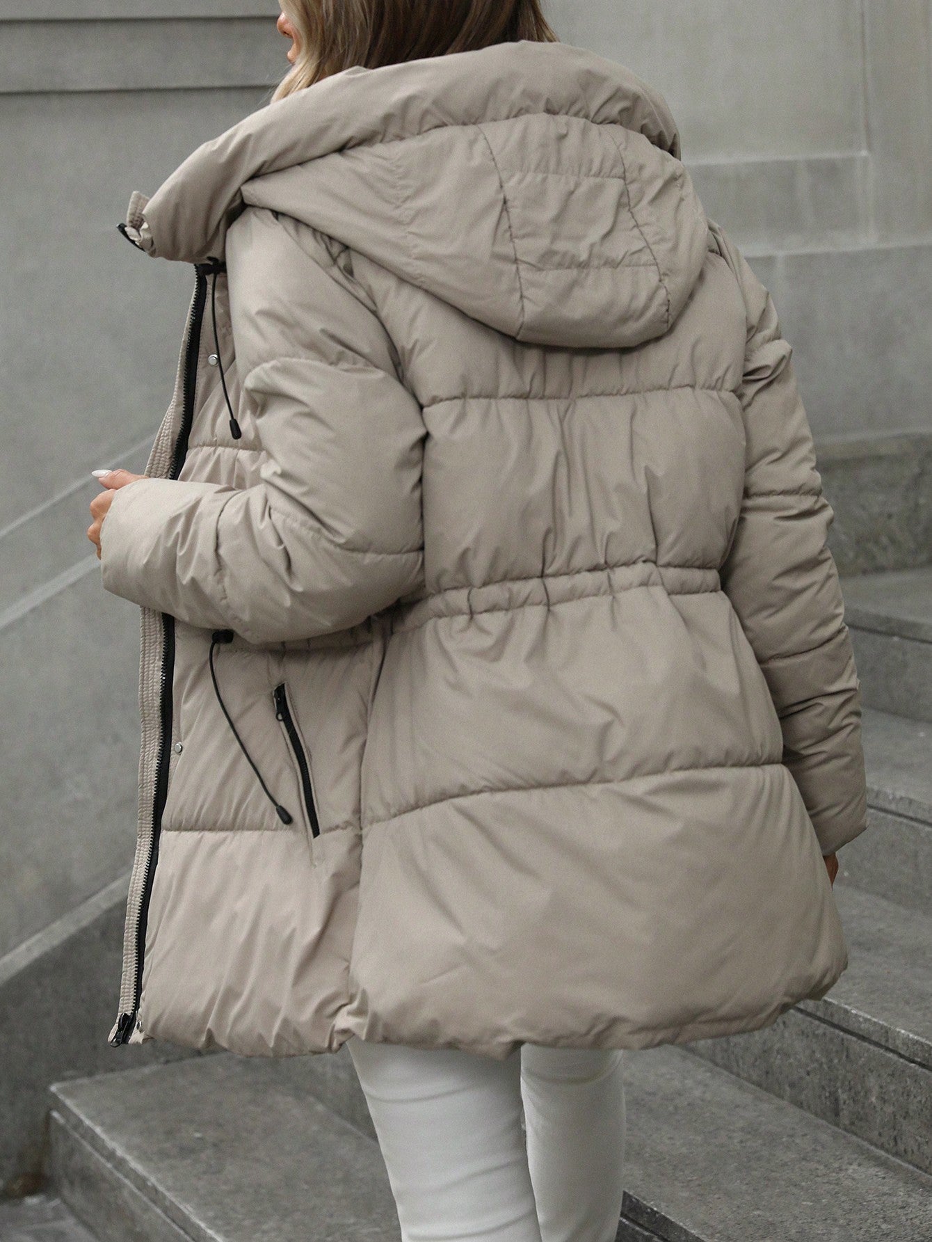 Casual Adjustable Waist Quilted Mid-Length Hooded Padded Padded Coat Clothes Winter For Women