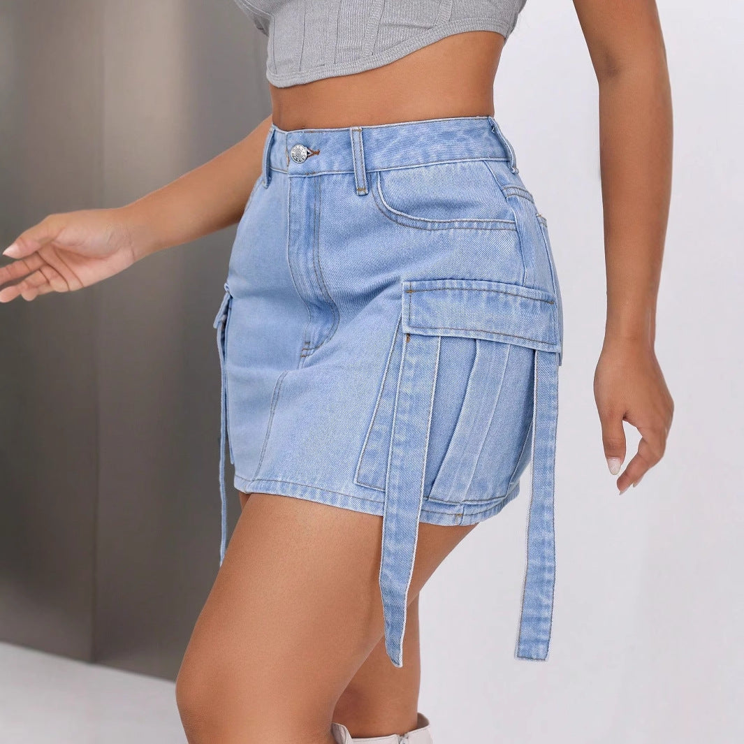 Womens Denim Overalls Casual Skirt With Ribbon Ties
