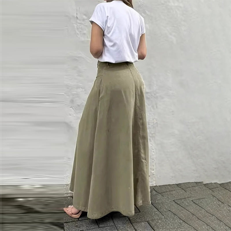 Women's Solid Color High-Waisted A-Line Skirt With Slit And Button Detail Flared Midi Skirt With Pockets For Spring & Fall