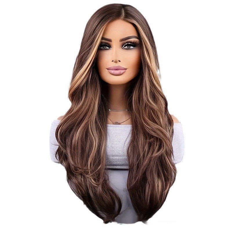 26 - inch Elegant Women's Wig Brown Mixed Color Wavy Long Hair Synthetic Fiber Rose Mesh Cap Daily Wear - Eshtree