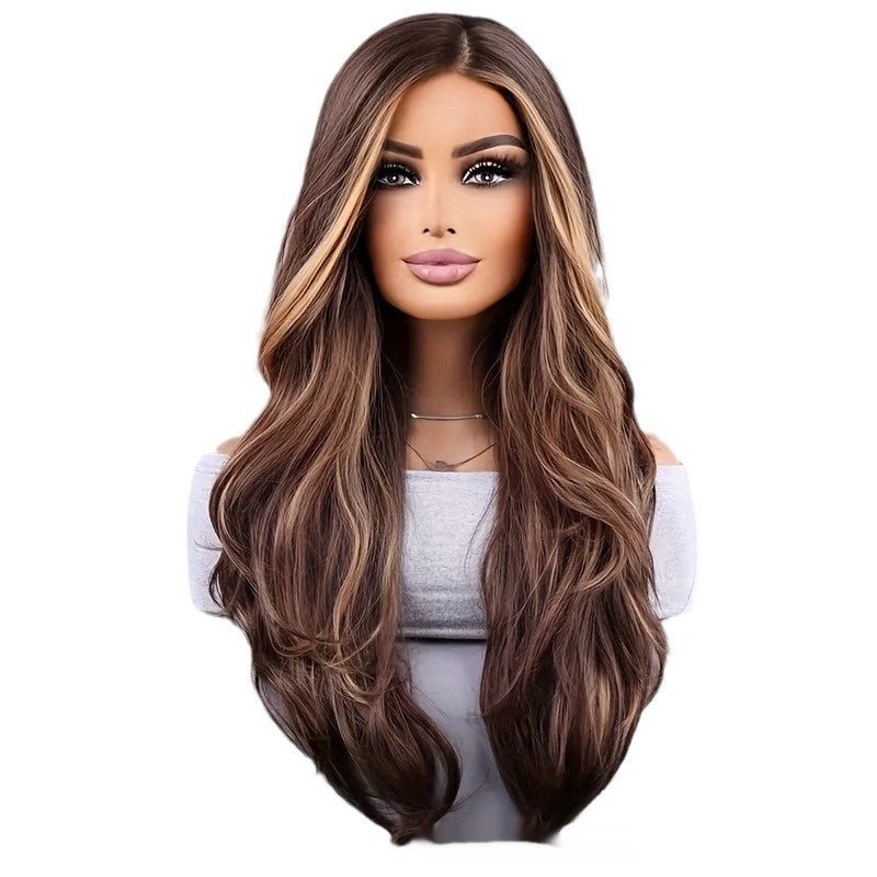 26 - inch Elegant Women's Wig Brown Mixed Color Wavy Long Hair Synthetic Fiber Rose Mesh Cap Daily Wear - Eshtree