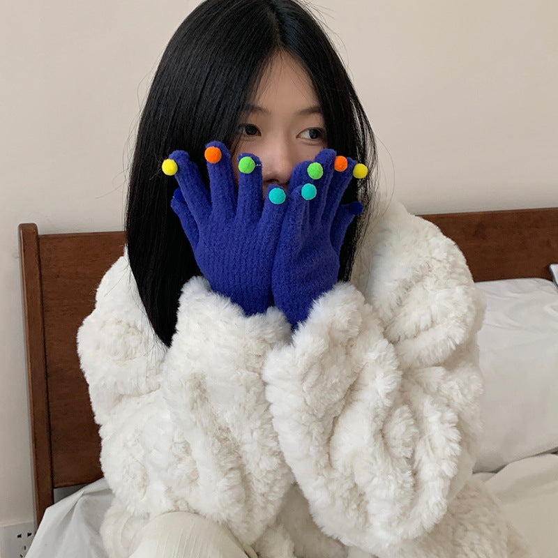 Colorful Plush Ball Gloves Winter Women's Cute Student Cycling Thickened