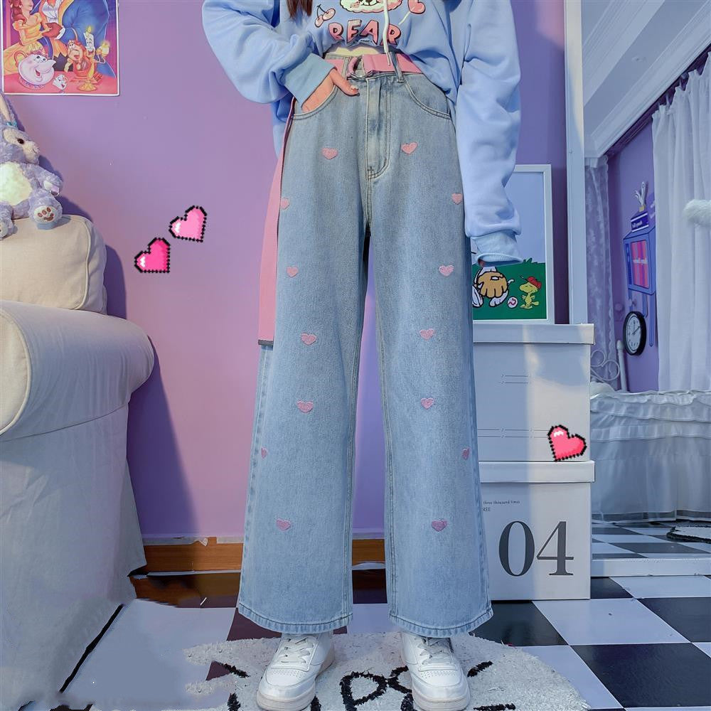 Heart Jeans Straight Leg Wide Pants Loose High Waist Slimming