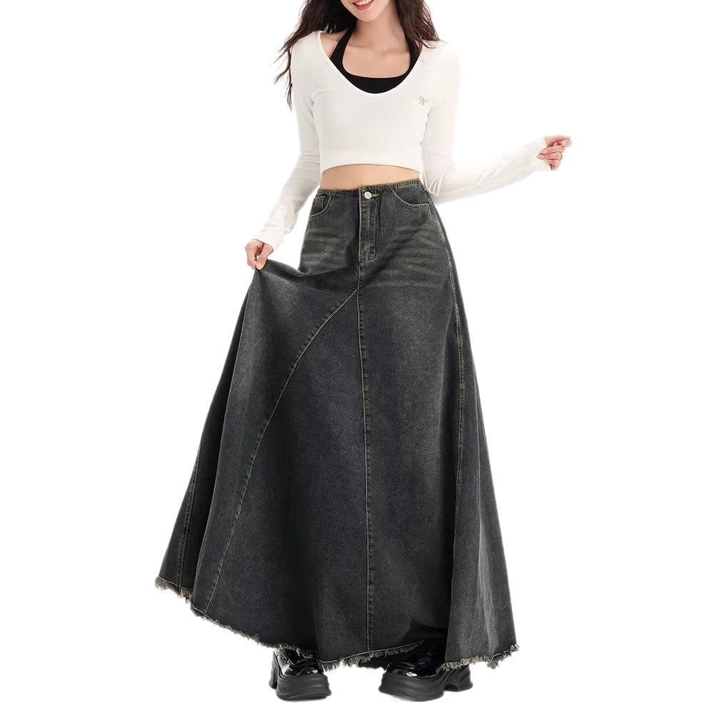 High-waisted Figure-flattering A-line Flared Retro Denim Skirt That Hugs The Hips