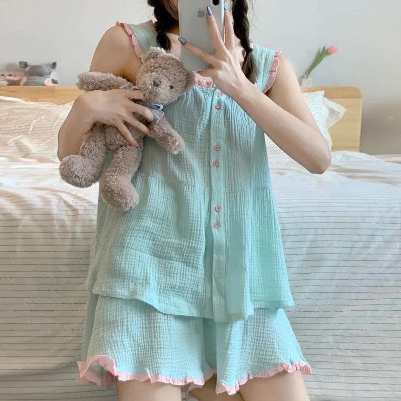 Pajamas Women's Summer New Ruffled Sweet Spaghetti-strap Shorts Loose Casual Good-looking Homewear Suit