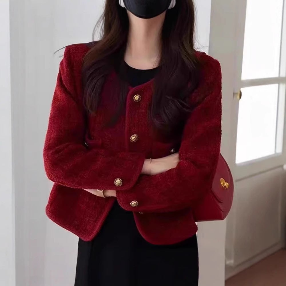 Wine Red Coat French Style Temperament Socialite