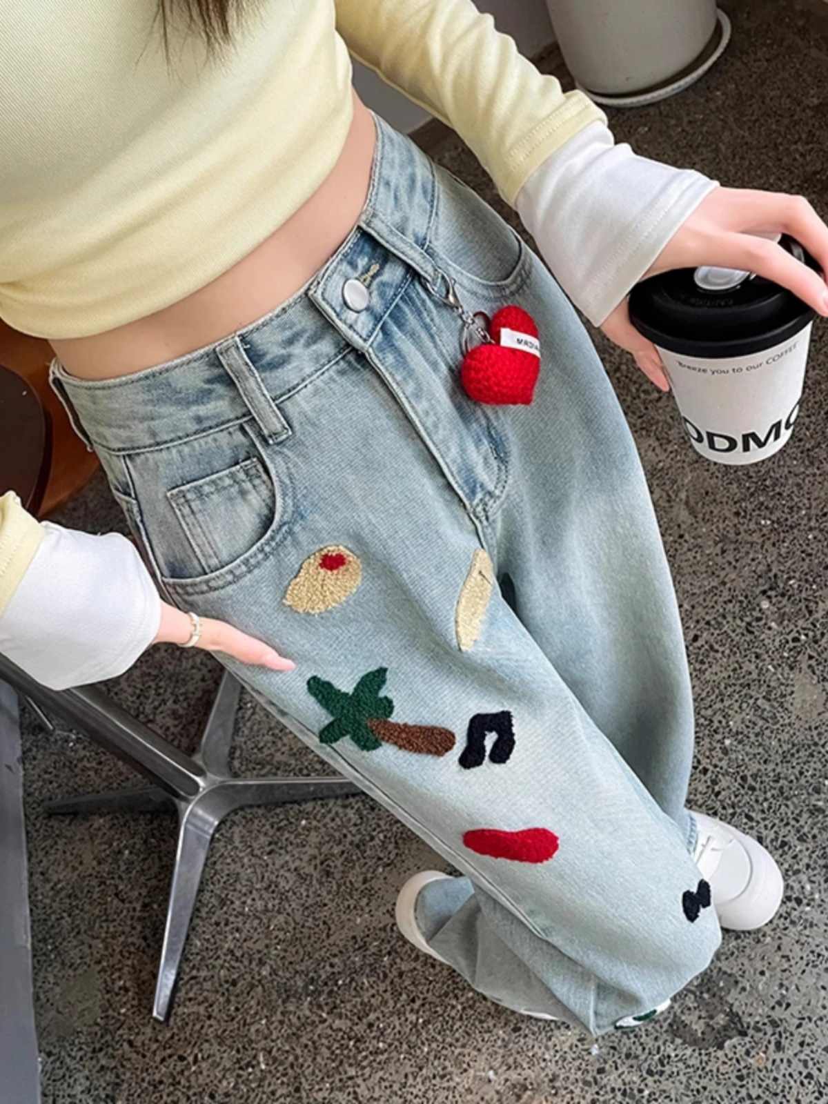 Embroidered Wide-leg Jeans Women's High Waist Straight Mopping Pants