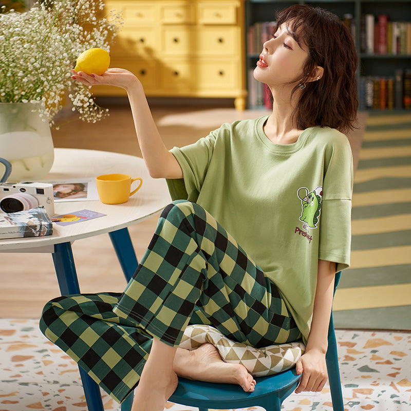 Ladies Short Sleeve Trousers Knit Cotton Pajamas Homewear