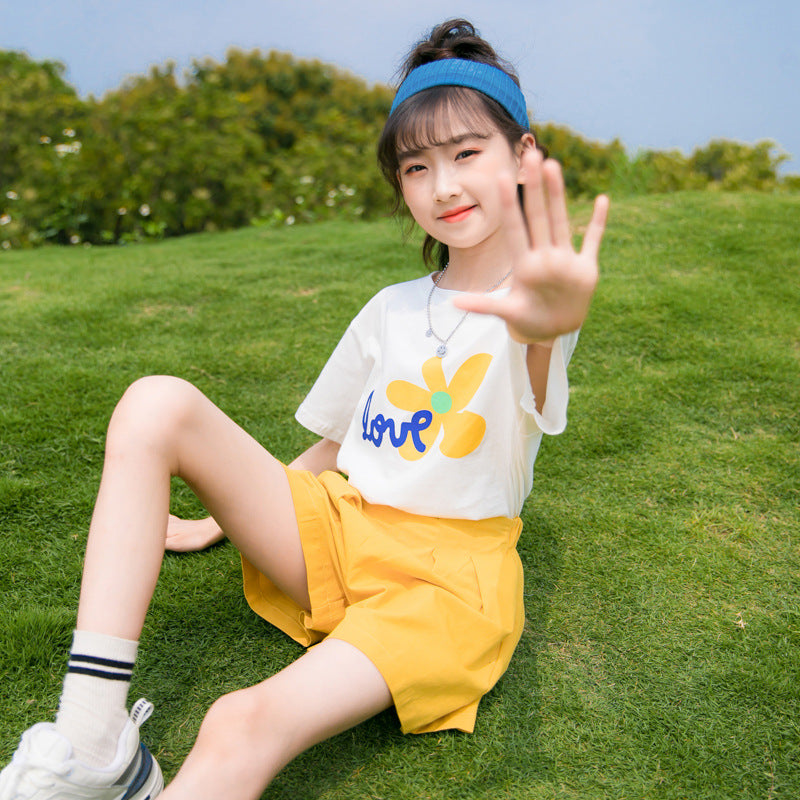 Girls Fashion Simple Short Sleeve Shorts Set