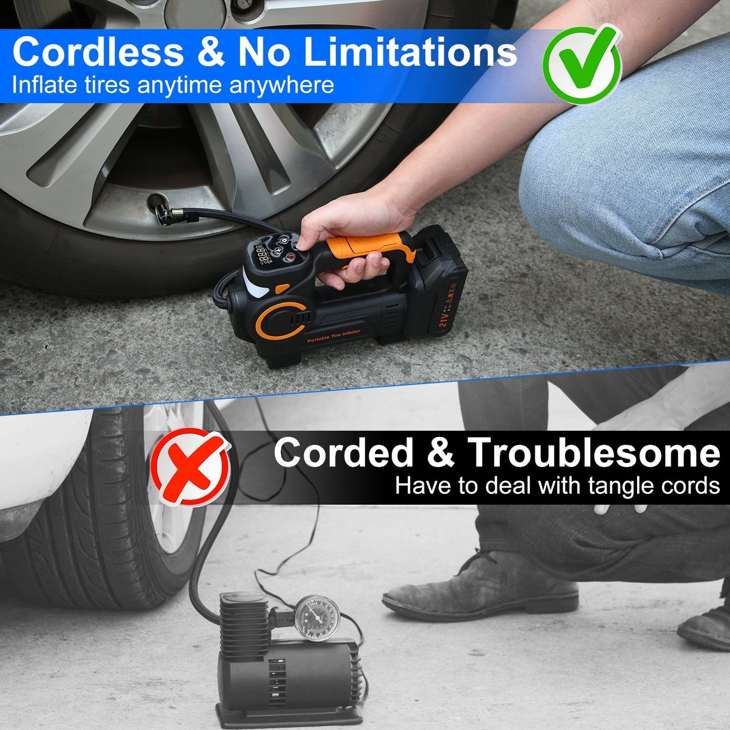 1Pc 140W 150PSI 21V Battery Powered Tire Inflator Cordless Air Inflator Digital Air Compressor With LED Light For Cars Motorcycles Bicycles Balls