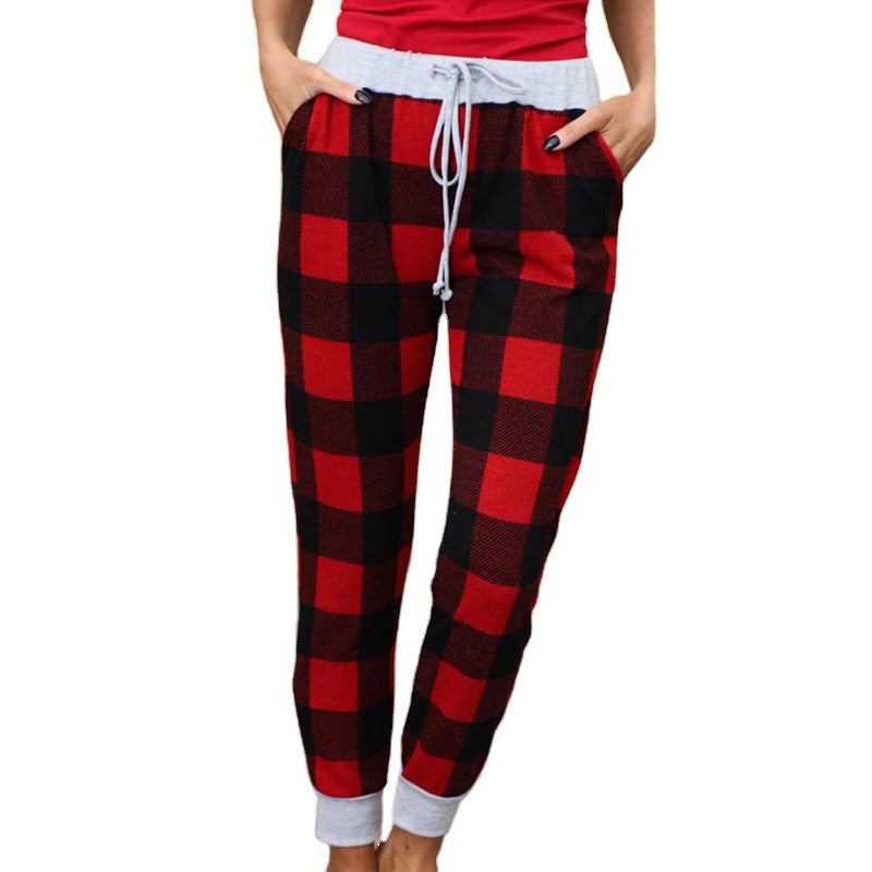 Christmas Print Plaid Lace Casual Pants Women