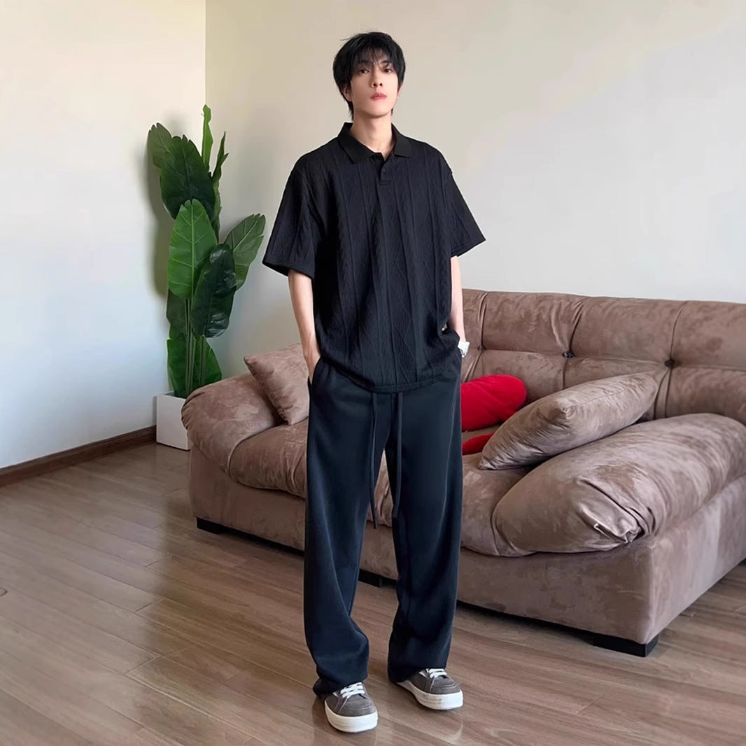 Wheat-ear Pattern Jacquard-knit Short-sleeve Polo Shirt