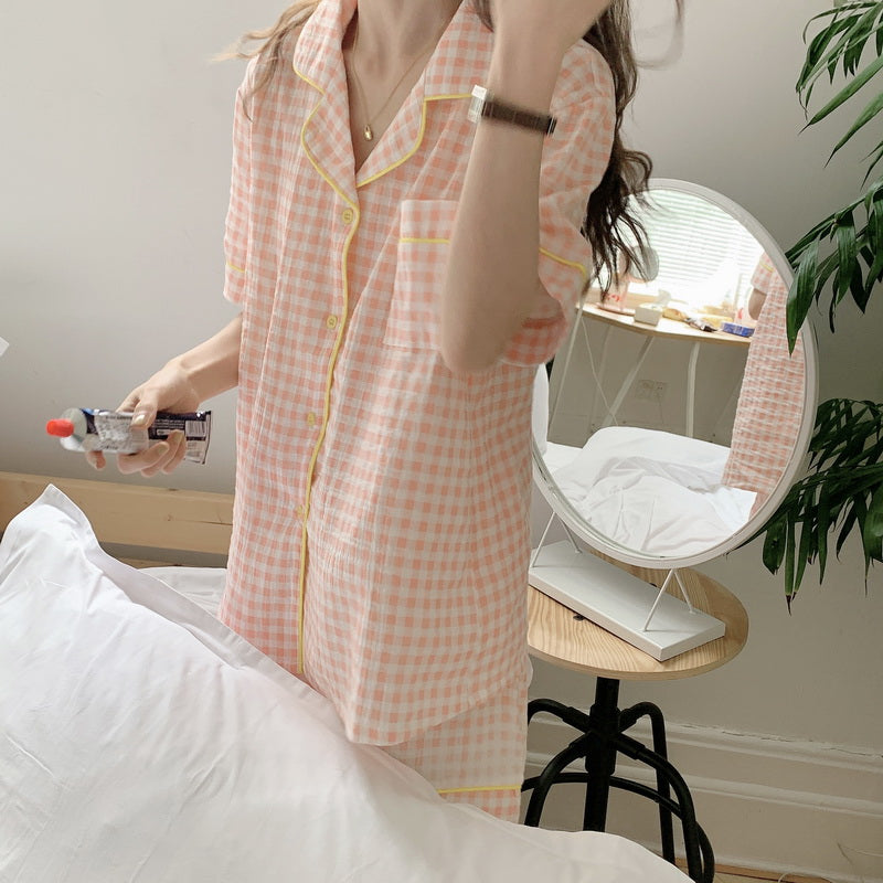 Plaid Cotton Short Sleeve Shorts Suit Pajamas Women's Homewear