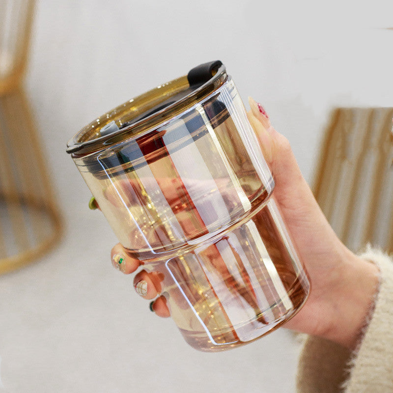 Creative Portable Bamboo Cup With Lid Straw Glass