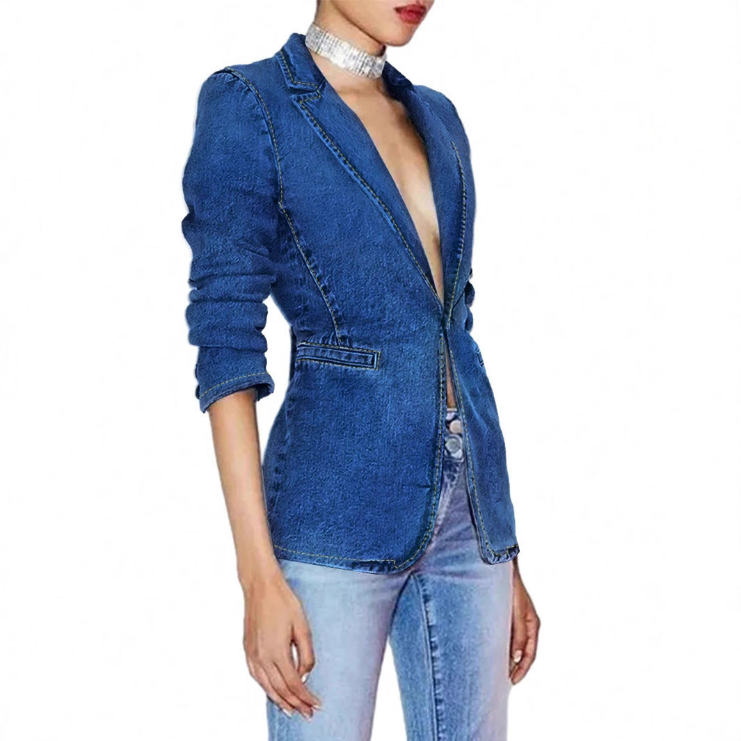 Slim-fit And Slimming Solid-color Denim Jacket With A Suit Collar
