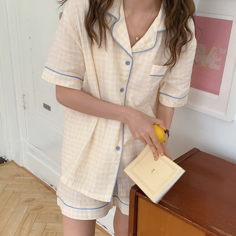 Plaid Cotton Short Sleeve Shorts Suit Pajamas Women's Homewear