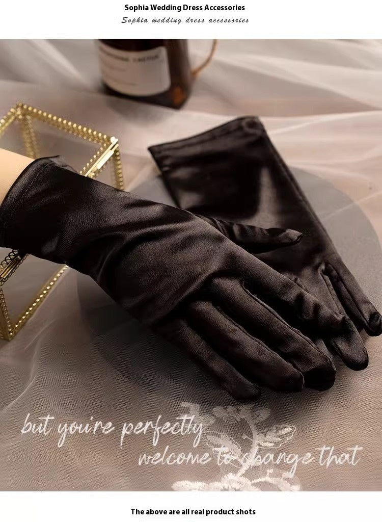 Black Satin Short Pearl Gloves