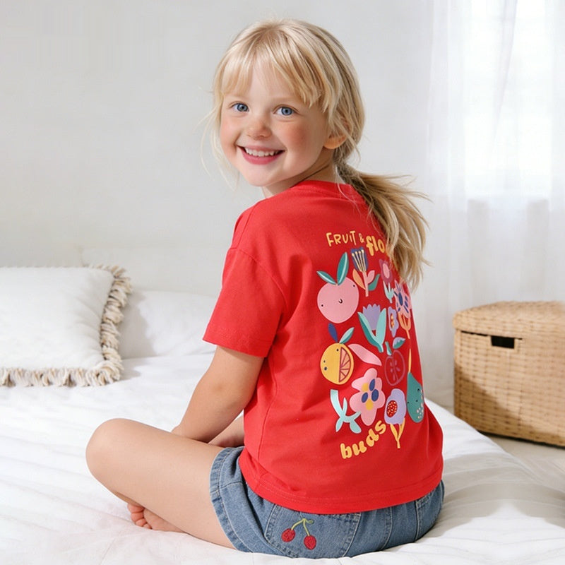 Girls' Crew-Neck T-Shirt And Casual Denim Pants For Little Kids
