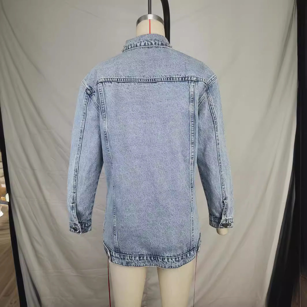 Fashion Solid Color Ripped Mid-length Denim Jacket