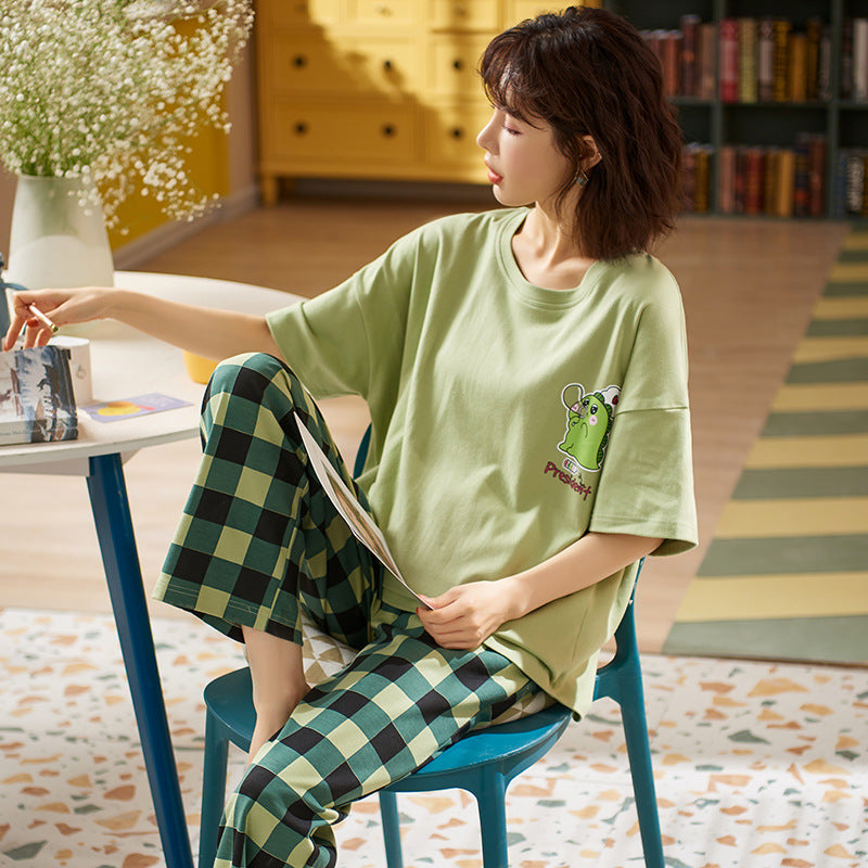 Ladies Short Sleeve Trousers Knit Cotton Pajamas Homewear