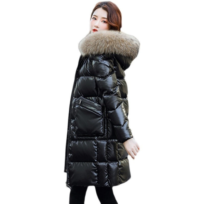 Women's Medium-Long Wash-Free Hooded Thickened White Duck Down Jacket