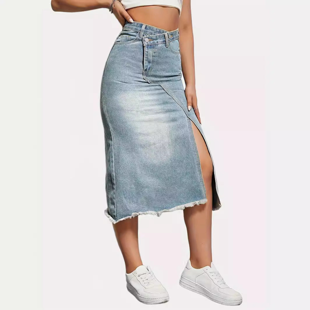 American Retro Denim Split Stitching Skirt