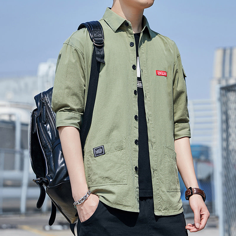 Summer Cotton Workwear Shirt With Three-Quarter Sleeves
