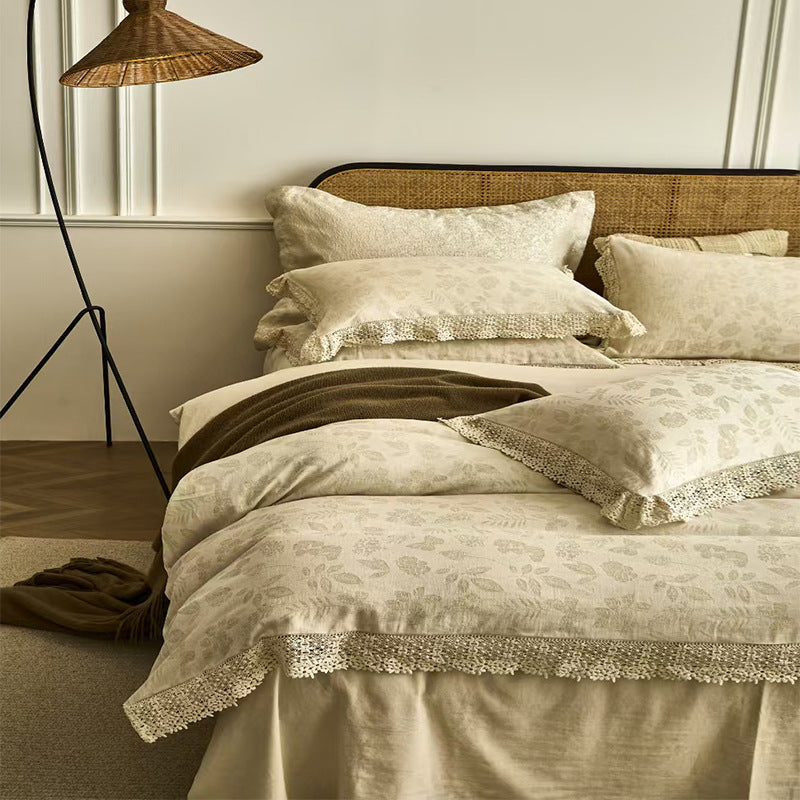 Cotton Linen Jacquard Yarn-dyed Single Double Bed Sheets Washed Four-piece Set