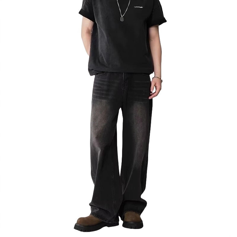 Mens Straight-Leg Relaxed-Fit Vintage Blue Denim Jeans In American Style