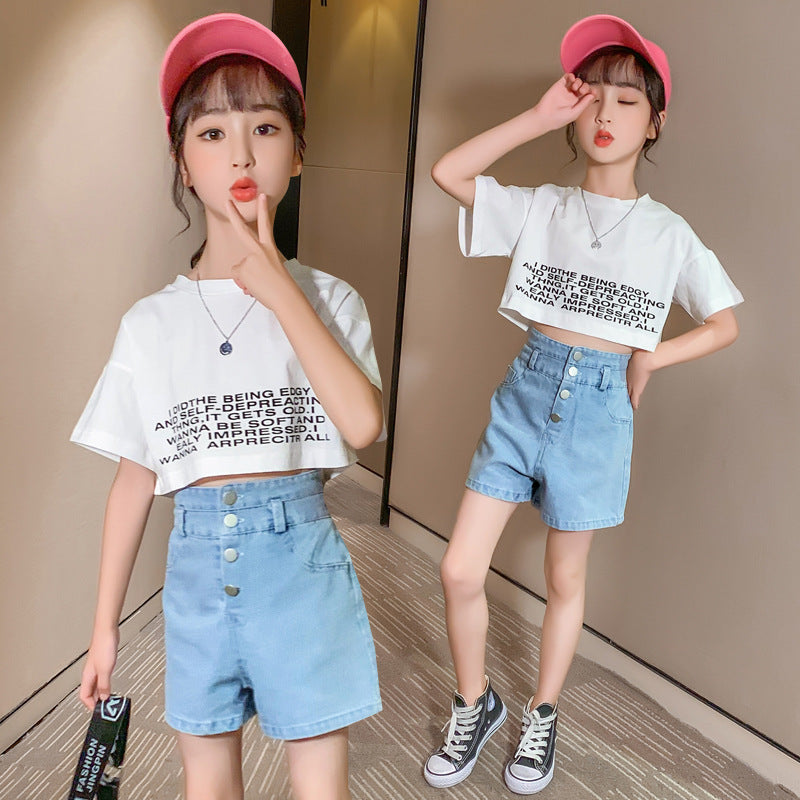 Girls' Round Neck T-shirt Denim Shorts Two-piece Set