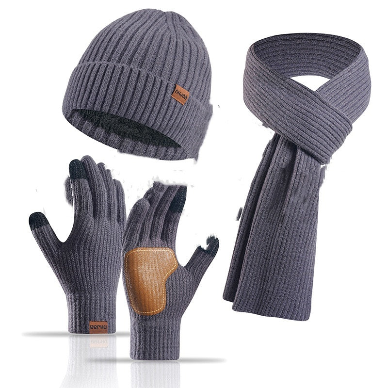 Winter Women's Wool Hat Scarf Gloves Plus Leather Non-slip Three-piece Set
