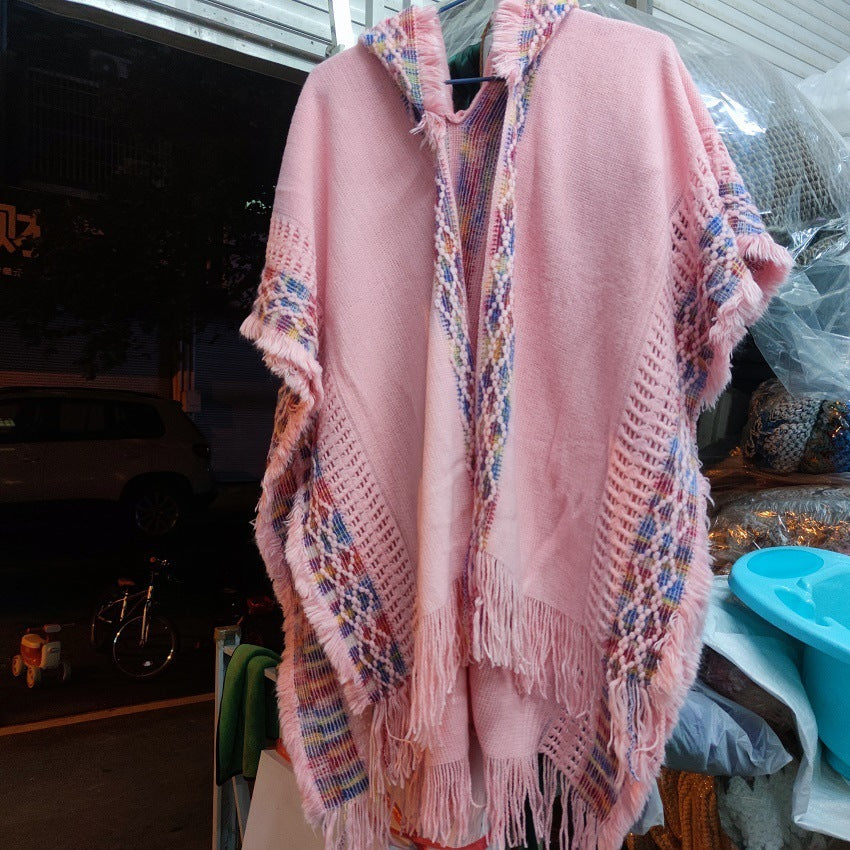 New Knitted Hollow Out Outer Match Ethnic Style Hooded Shawl For Women