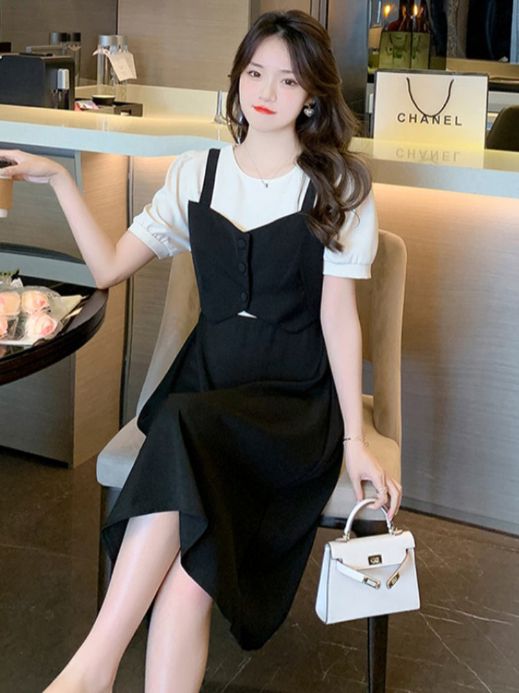 French Short Sleeve Dress Feminine Waist Design