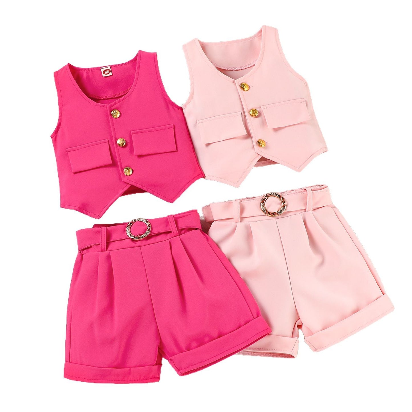 Girls V-neck Vest Top Shorts And Belt Three-Piece Set