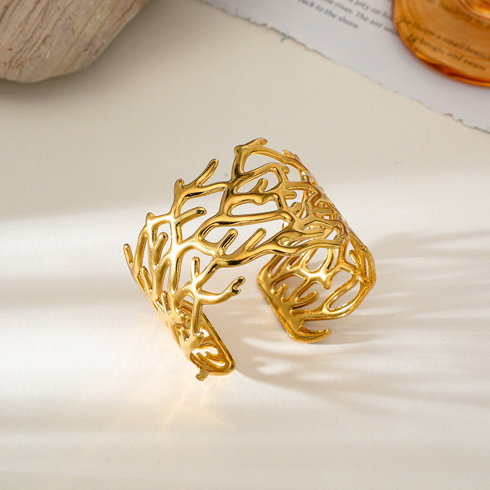 Wide Stainless Steel Adjustable Exaggerated High-grade Golden Open-End Flower Leaf Bracelet