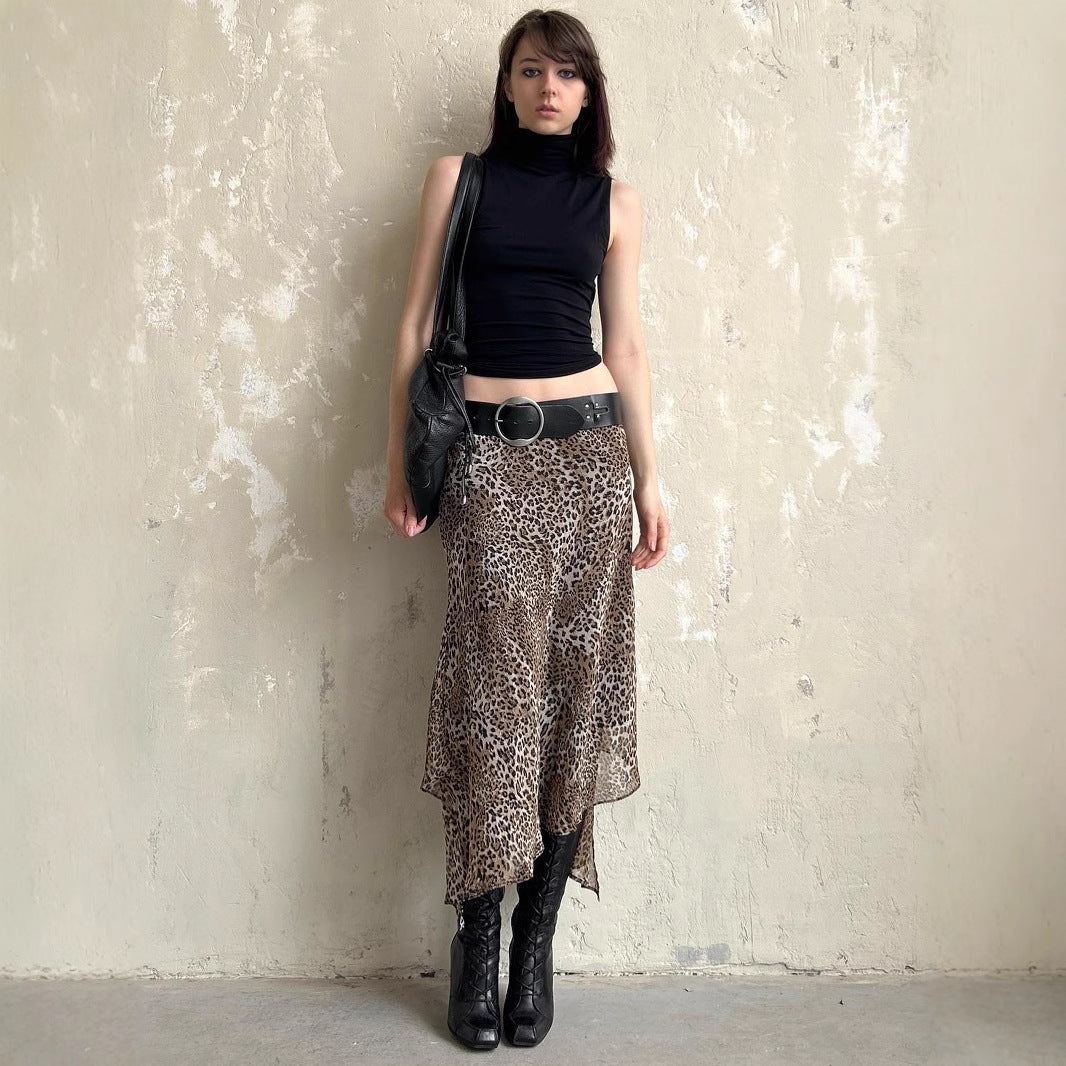 High-waisted Leopard Print Irregular Mesh Skirt