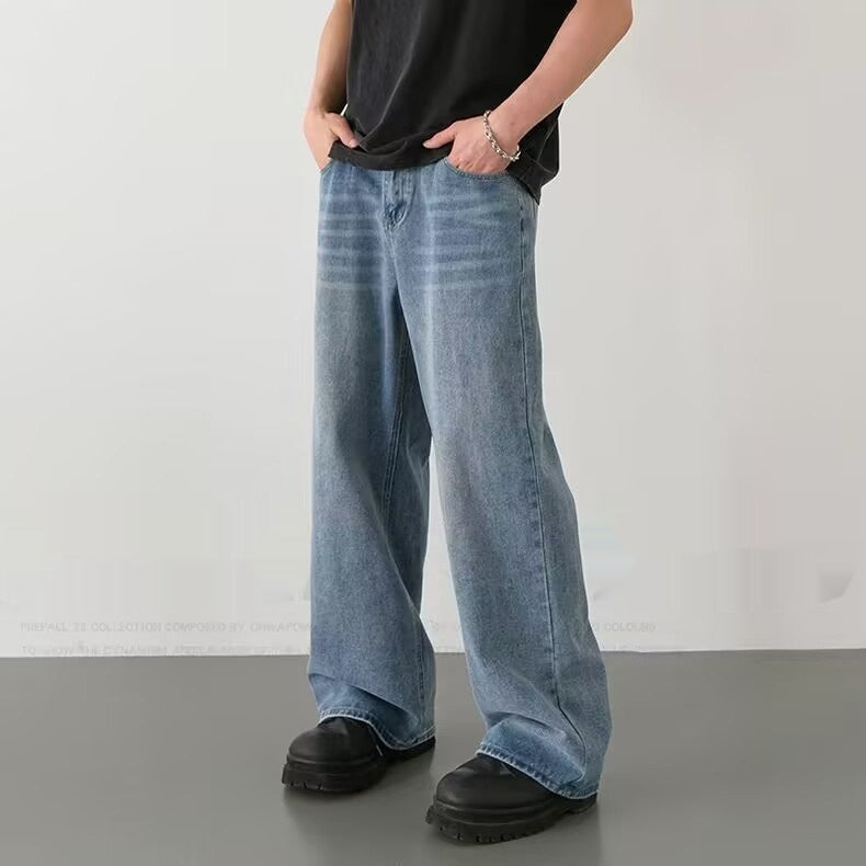 Mens Straight-Leg Relaxed-Fit Vintage Blue Denim Jeans In American Style