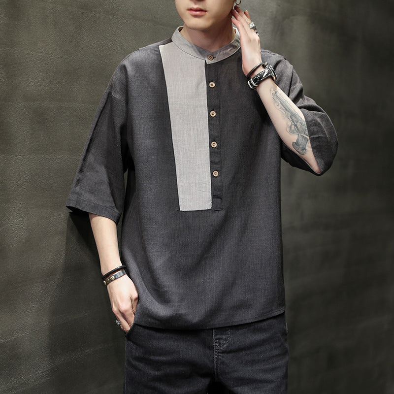 Cotton And Linen Casual Stitching Loose Half Sleeves