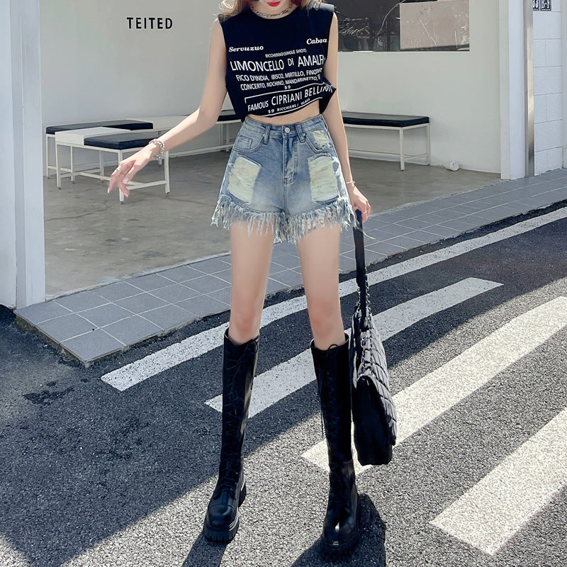 Retro Ripped Raw-Edge Denim Shorts For Women Lightweight And Loose-Fitting