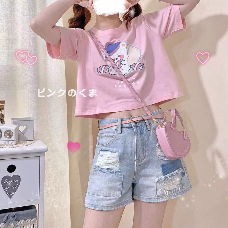 Cute And Sweet Japanese Girl Short-sleeved T-shirt Female Loose And Thin High-waist All-match Short Crop Top
