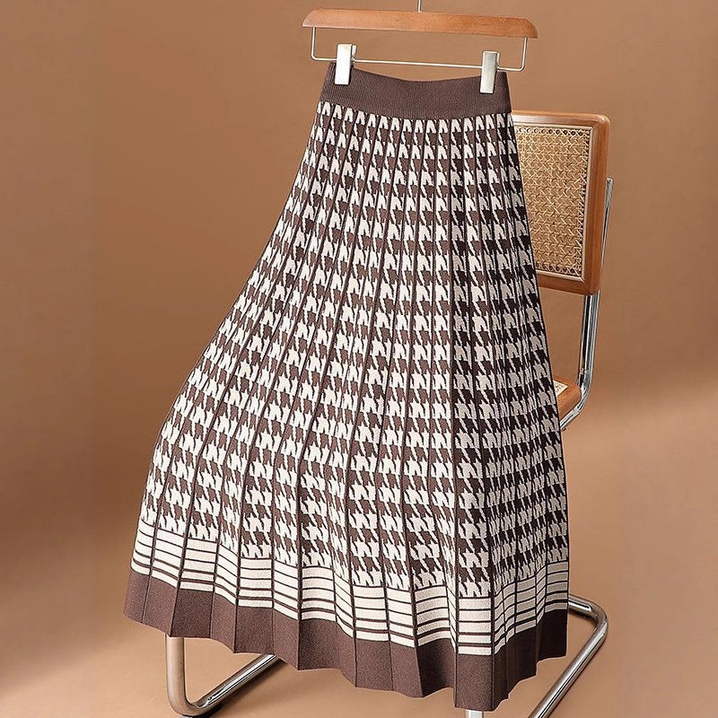 Houndstooth Knit Skirt For Women FallWinter High-Waisted