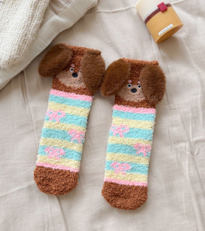 Cartoon Sausage Dog Coral Fleece Tube Socks Home Room Socks