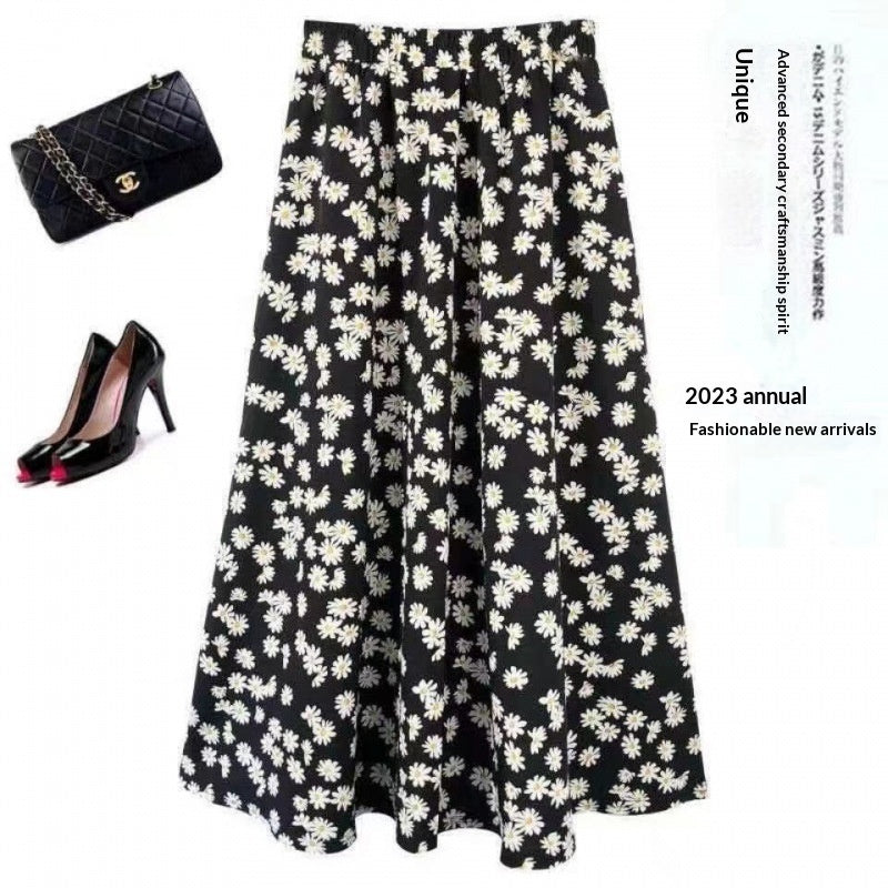 Womens Floral A-line Medium To Long Black Skirt